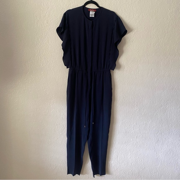 MaxMara Studio Flutter Sleeve Jumpsuit Size 6/8 Navy Lace Pockets Chic Feminine - Picture 1 of 9
